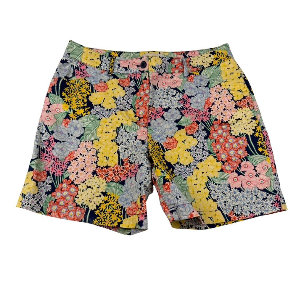 Talbots‎ Womens Floral Chino Shorts Size 12 Navy Blue Yellow Pink Cotton Stretch